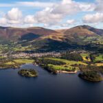 Aerial panoramic view of Derwent Water lake and the Lake Distric